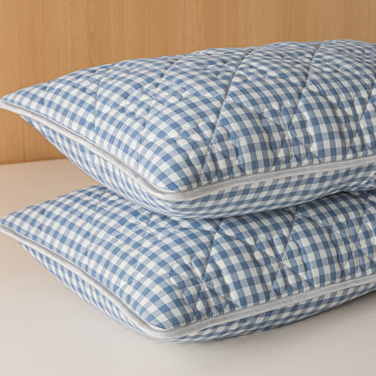 91家纺网 家纺一手货源 找家纺 芬晴家纺 2025新款A类全棉格子枕套枕巾系列 枕套-小蓝格 48*74cm枕套一只