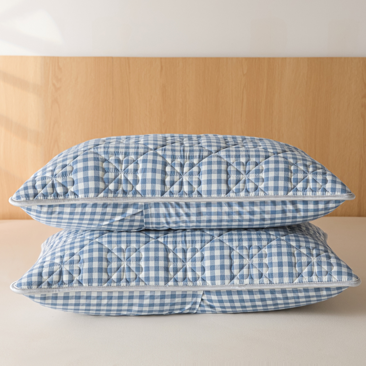 91家纺网 家纺一手货源 找家纺 芬晴家纺 2025新款A类全棉格子枕套枕巾系列 枕套-小蓝格 48*74cm枕套一对