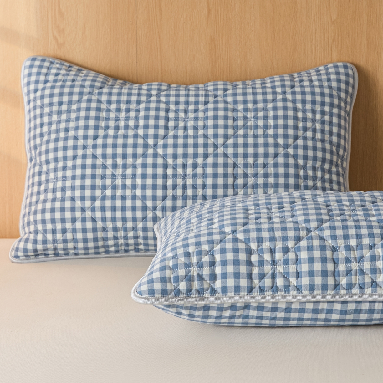 91家纺网 家纺一手货源 找家纺 芬晴家纺 2025新款A类全棉格子枕套枕巾系列 枕套-小蓝格 48*74cm枕套一对