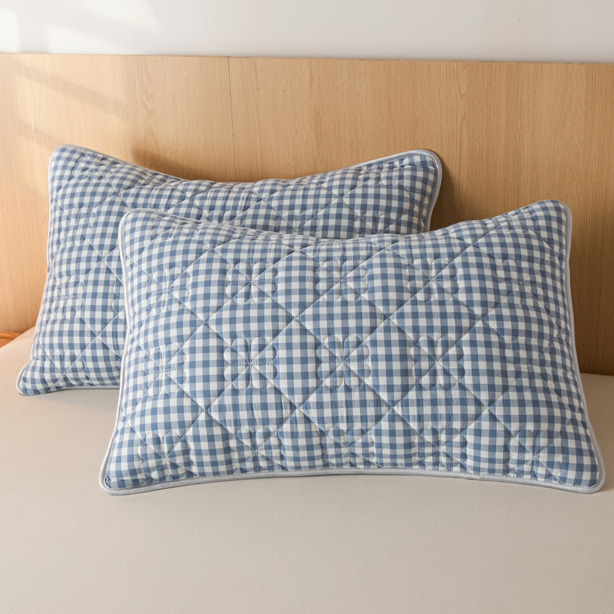 91家纺网 家纺一手货源 找家纺 芬晴家纺 2025新款A类全棉格子枕套枕巾系列 枕套-小蓝格 48*74cm枕套一对