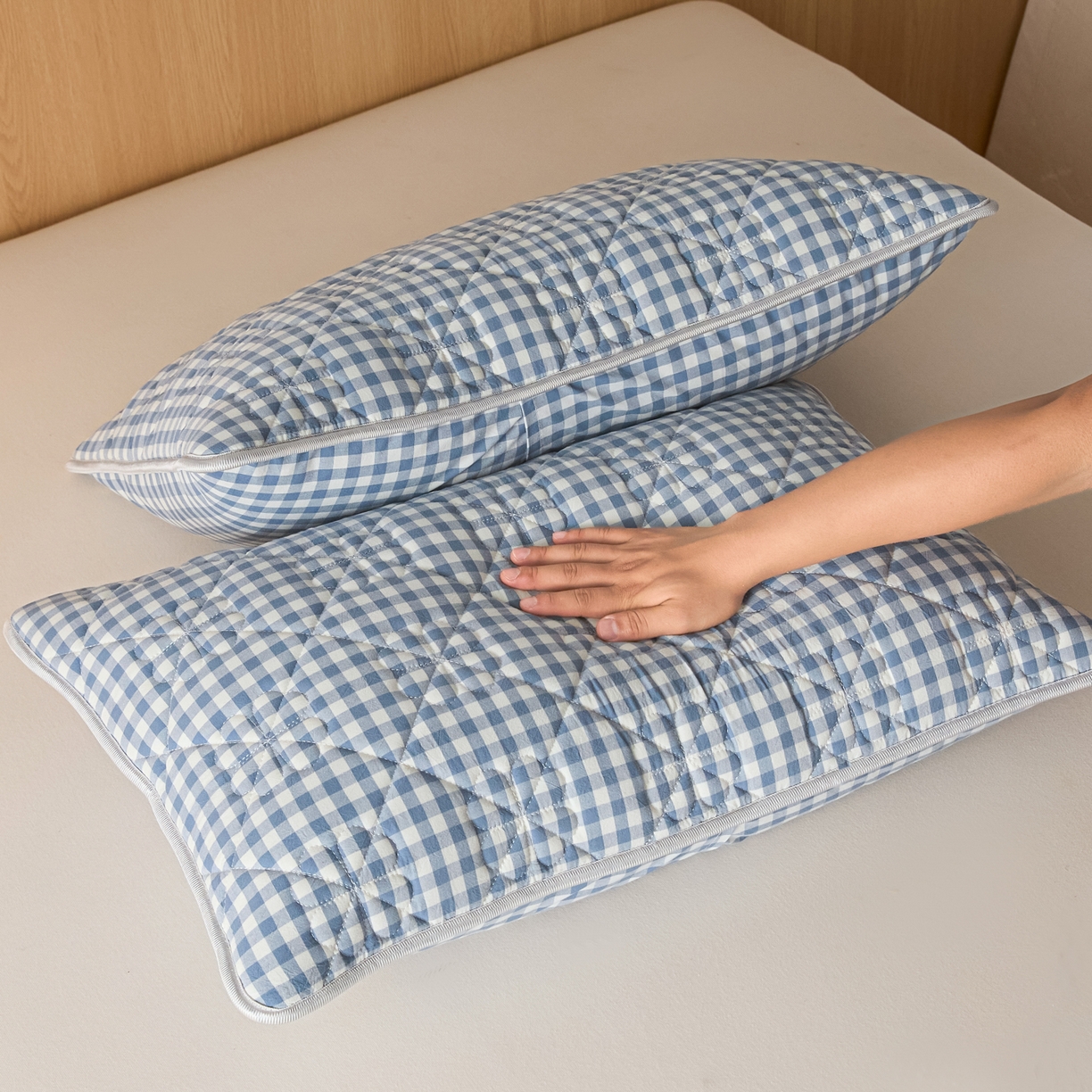 91家纺网 家纺一手货源 找家纺 芬晴家纺 2025新款A类全棉格子枕套枕巾系列 枕套-小蓝格 48*74cm枕套一对