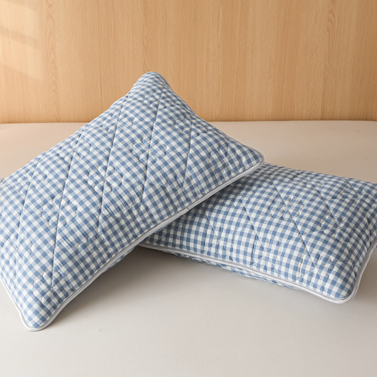 91家纺网 家纺一手货源 找家纺 芬晴家纺 2025新款A类全棉格子枕套枕巾系列 枕套-小蓝格 48*74cm枕套一对