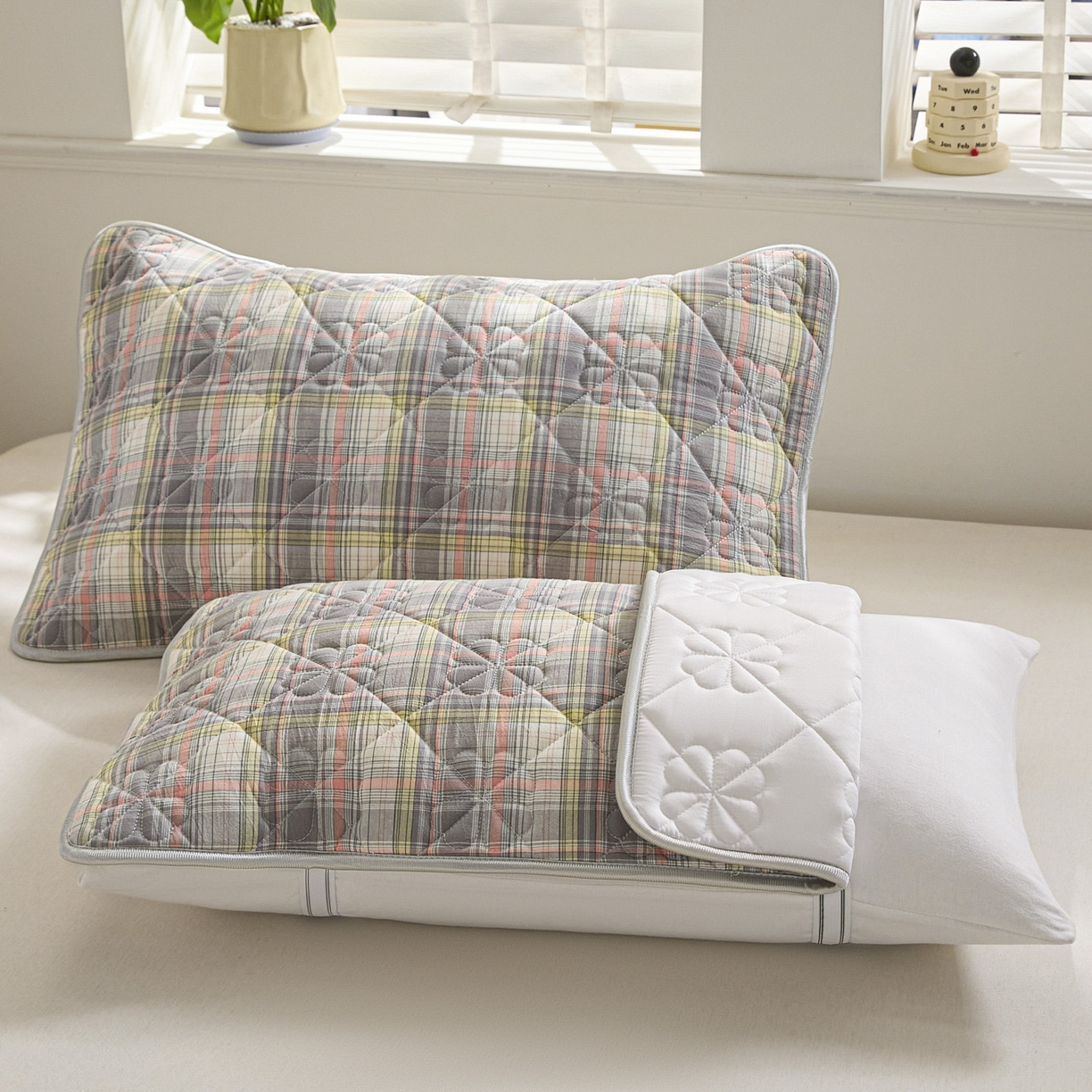 芬晴家纺 2025新款A类全棉格子枕套枕巾系列 枕巾-霍格灰 50*80cm枕巾一对