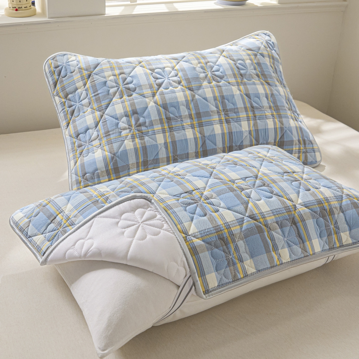 91家纺网 家纺一手货源 找家纺 芬晴家纺 2025新款A类全棉格子枕套枕巾系列 枕巾-简爱兰 50*80cm枕巾一对