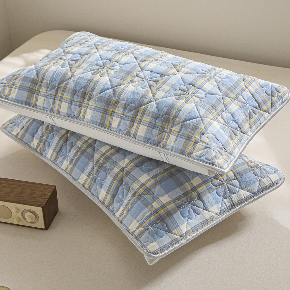 91家纺网 家纺一手货源 找家纺 芬晴家纺 2025新款A类全棉格子枕套枕巾系列 枕巾-简爱兰 50*80cm枕巾一对