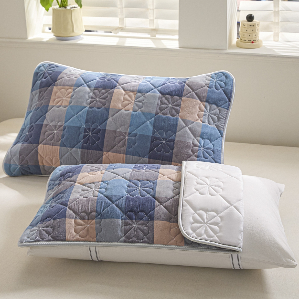 芬晴家纺 2025新款A类全棉格子枕套枕巾系列 枕巾-简易格 50*80cm枕巾一对