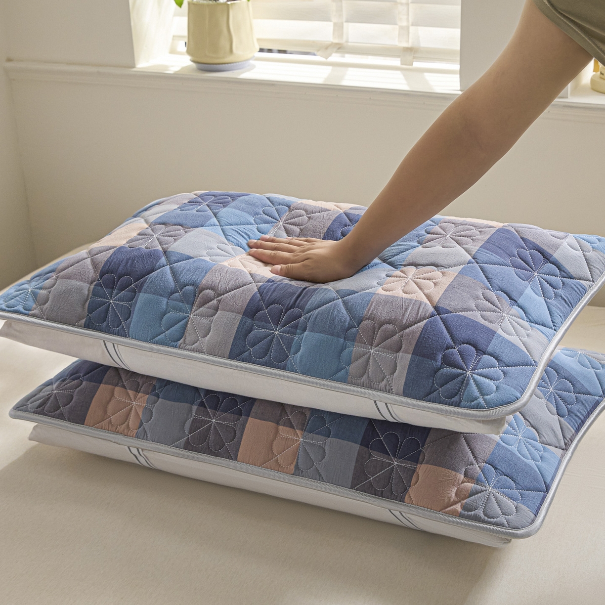 91家纺网 家纺一手货源 找家纺 芬晴家纺 2025新款A类全棉格子枕套枕巾系列 枕巾-简易格 50*80cm枕巾一对