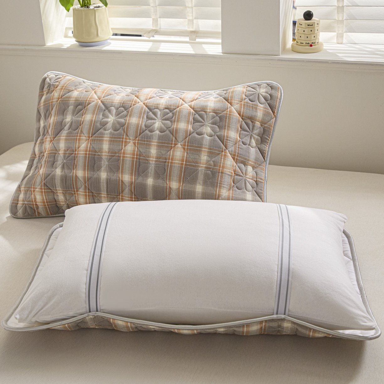 91家纺网 家纺一手货源 找家纺 芬晴家纺 2025新款A类全棉格子枕套枕巾系列 枕巾-洛卡灰 50*80cm枕巾一只