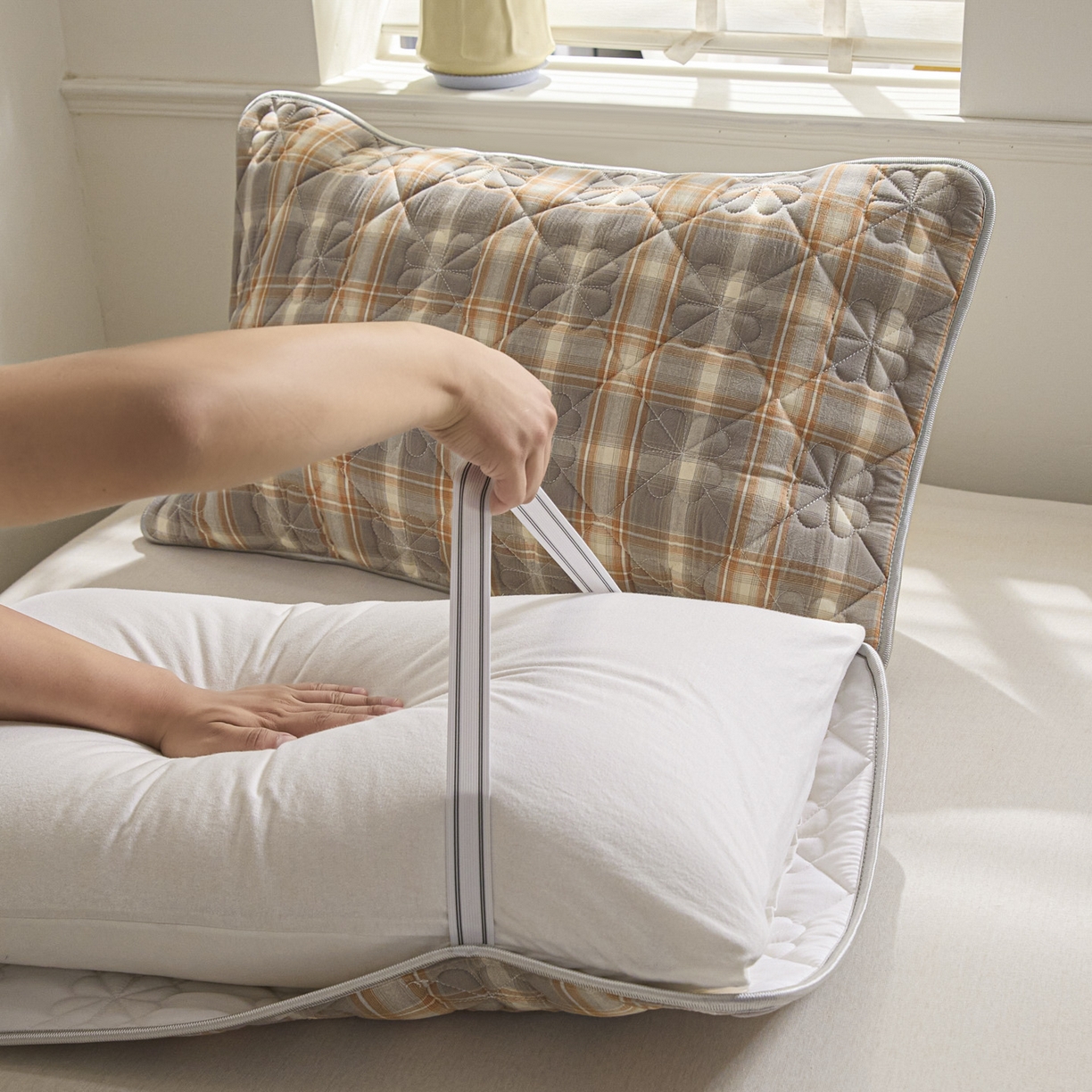 91家纺网 家纺一手货源 找家纺 芬晴家纺 2025新款A类全棉格子枕套枕巾系列 枕巾-洛卡灰 50*80cm枕巾一只