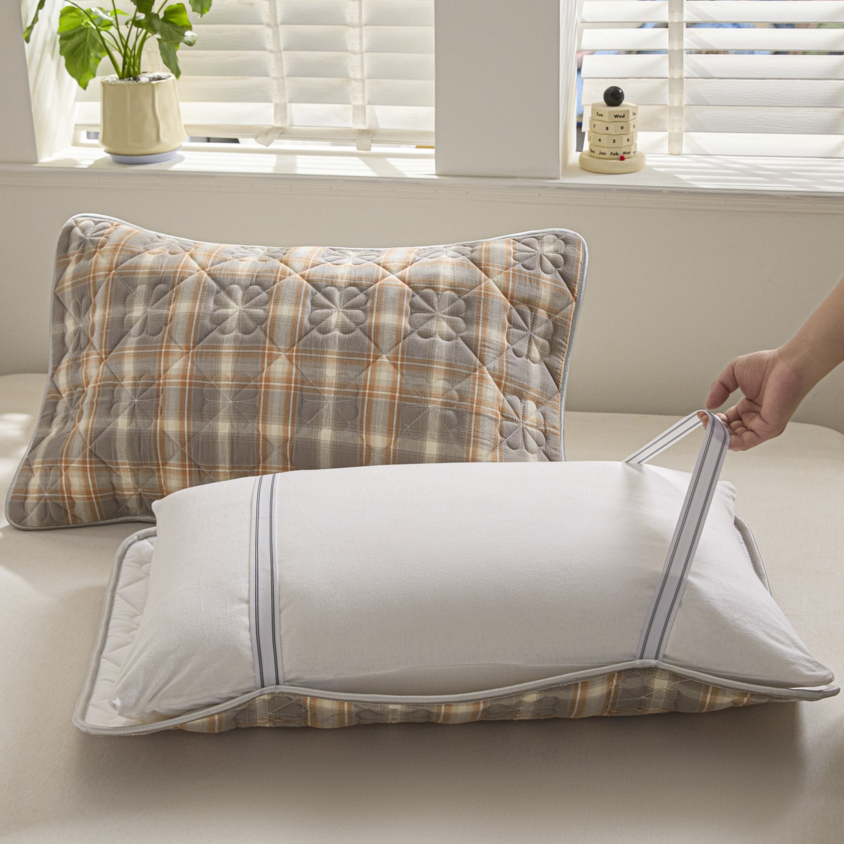 91家纺网 家纺一手货源 找家纺 芬晴家纺 2025新款A类全棉格子枕套枕巾系列 枕巾-洛卡灰 50*80cm枕巾一对