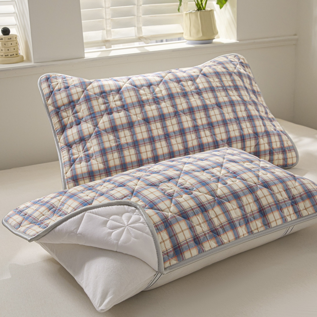 91家纺网 家纺一手货源 找家纺 芬晴家纺 2025新款A类全棉格子枕套枕巾系列 枕巾-梦语-兰 50*80cm枕巾一只