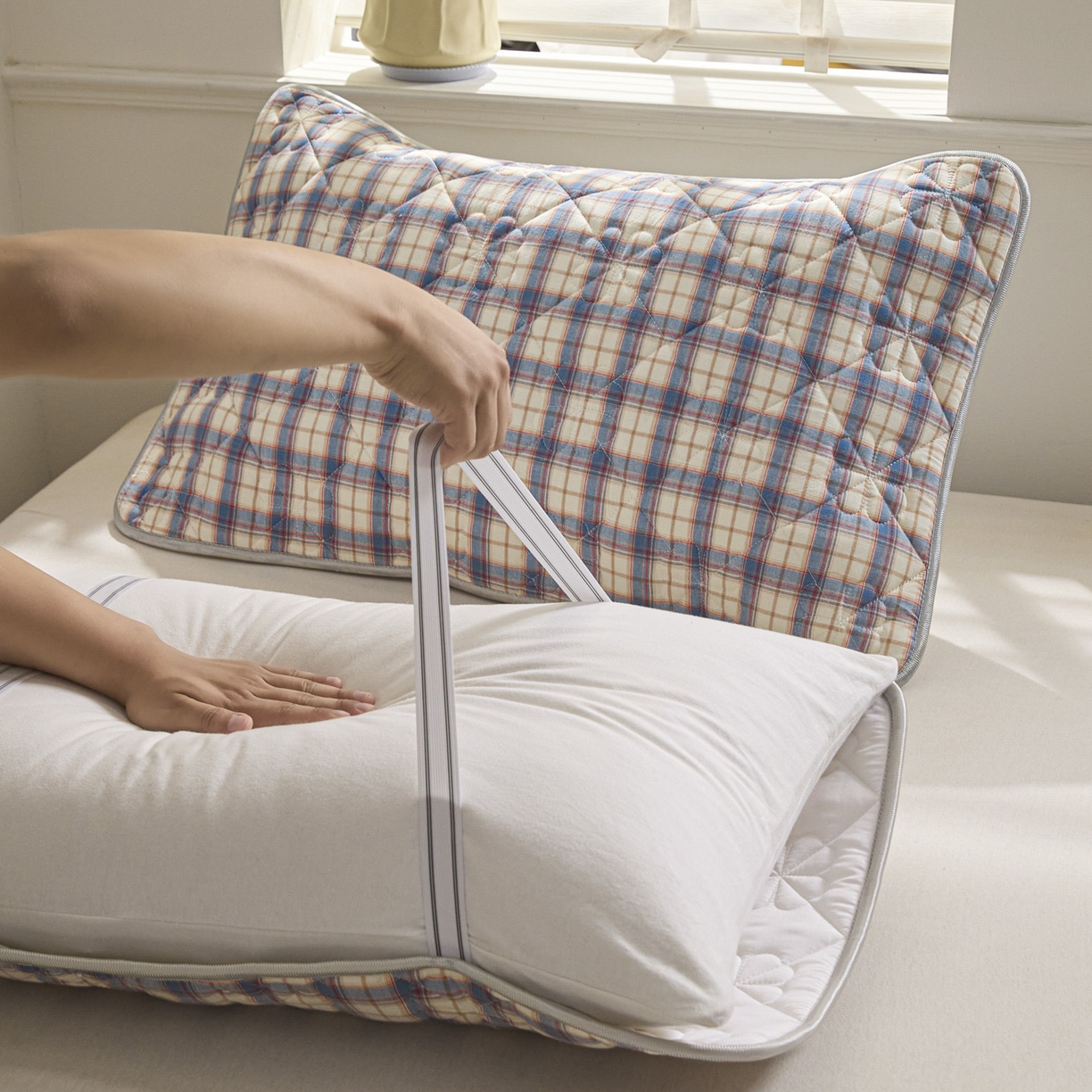 91家纺网 家纺一手货源 找家纺 芬晴家纺 2025新款A类全棉格子枕套枕巾系列 枕巾-梦语-兰 50*80cm枕巾一只