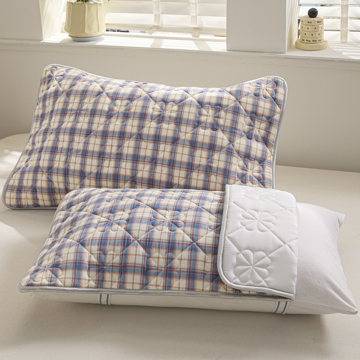 芬晴家纺 2025新款A类全棉格子枕套枕巾系列 枕巾-梦语-兰 50*80cm枕巾一对