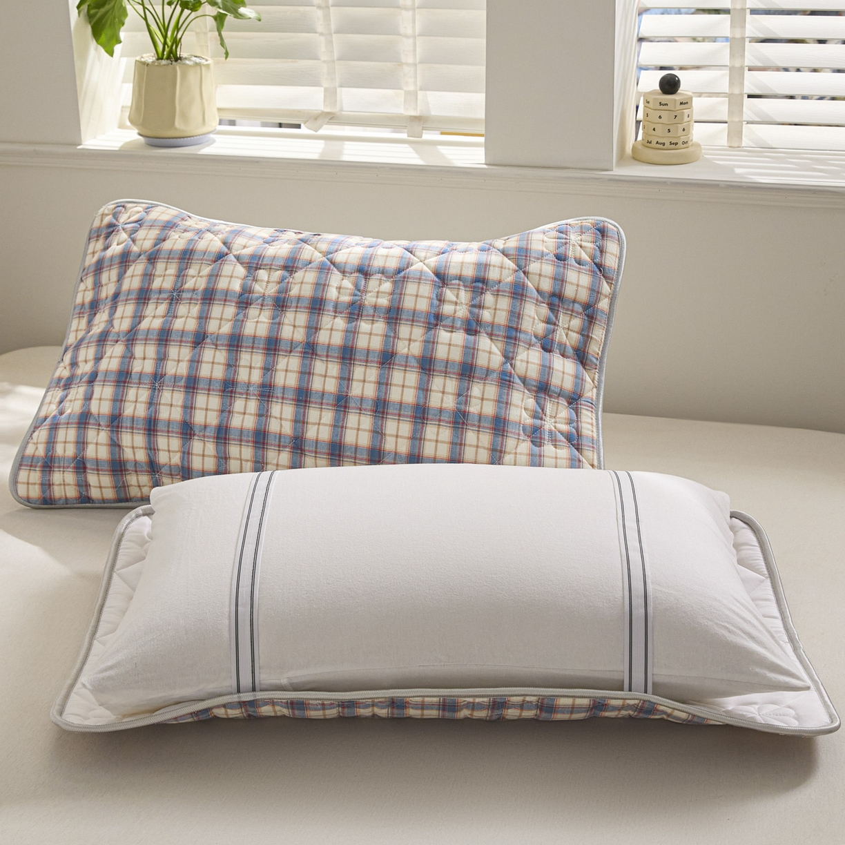 91家纺网 家纺一手货源 找家纺 芬晴家纺 2025新款A类全棉格子枕套枕巾系列 枕巾-梦语-兰 50*80cm枕巾一对