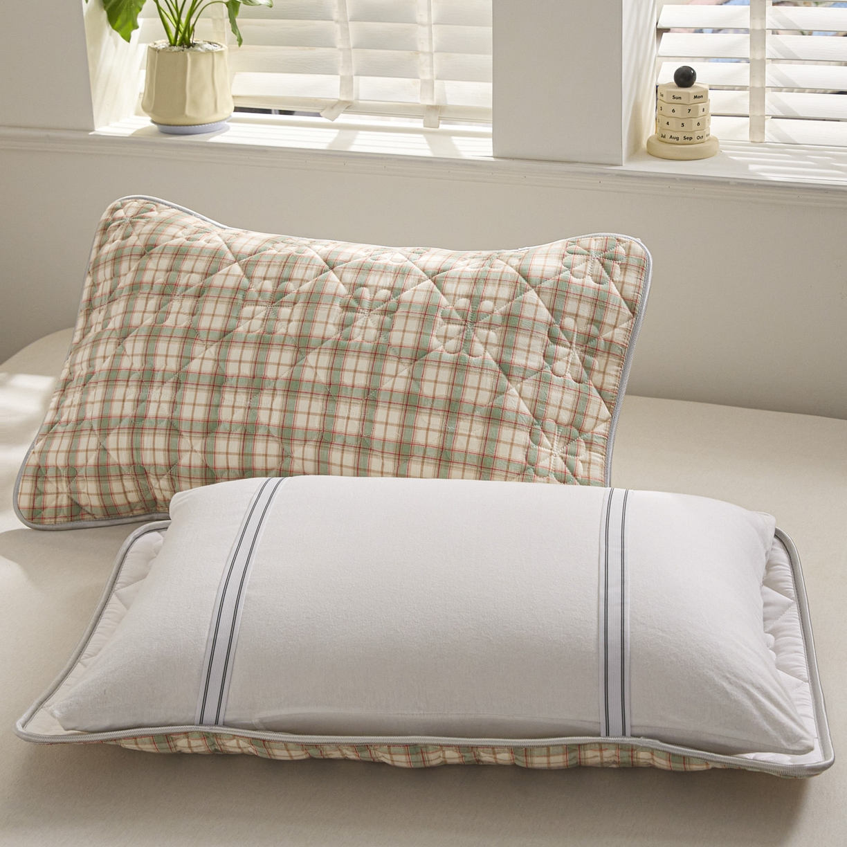 91家纺网 家纺一手货源 找家纺 芬晴家纺 2025新款A类全棉格子枕套枕巾系列 枕巾-梦语-绿 50*80cm枕巾一只