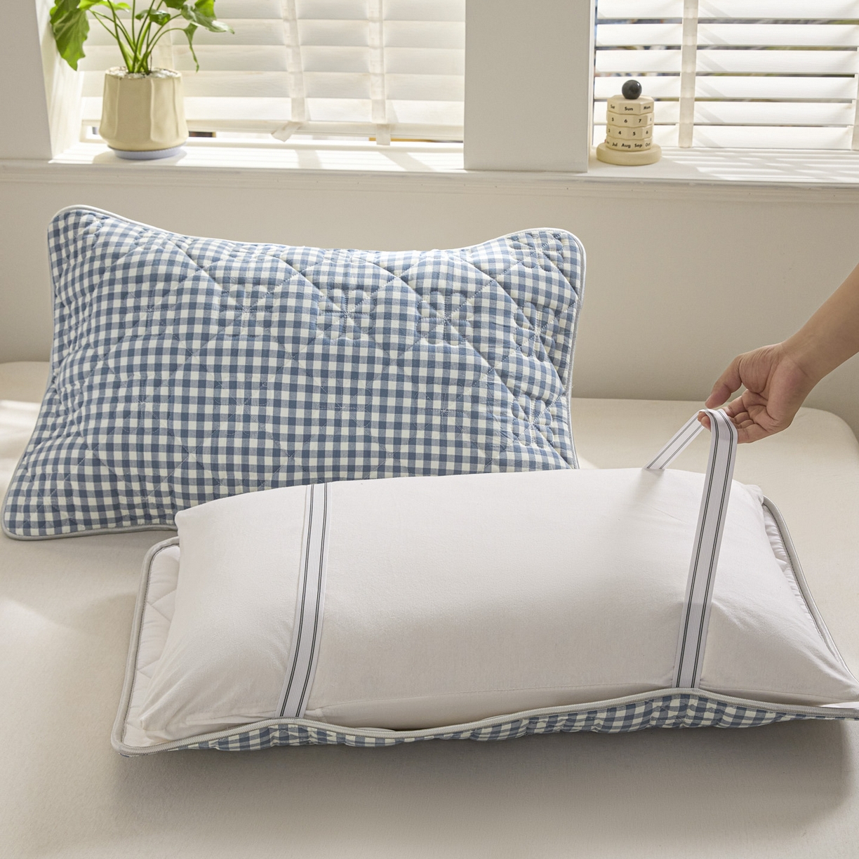 91家纺网 家纺一手货源 找家纺 芬晴家纺 2025新款A类全棉格子枕套枕巾系列 枕巾-小蓝格 50*80cm枕巾一只