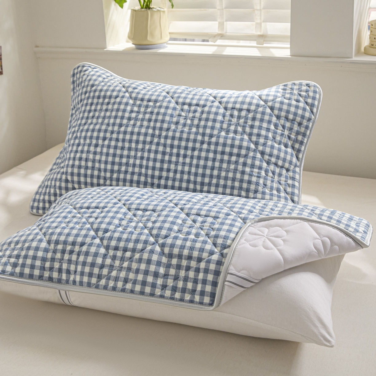 91家纺网 家纺一手货源 找家纺 芬晴家纺 2025新款A类全棉格子枕套枕巾系列 枕巾-小蓝格 50*80cm枕巾一只