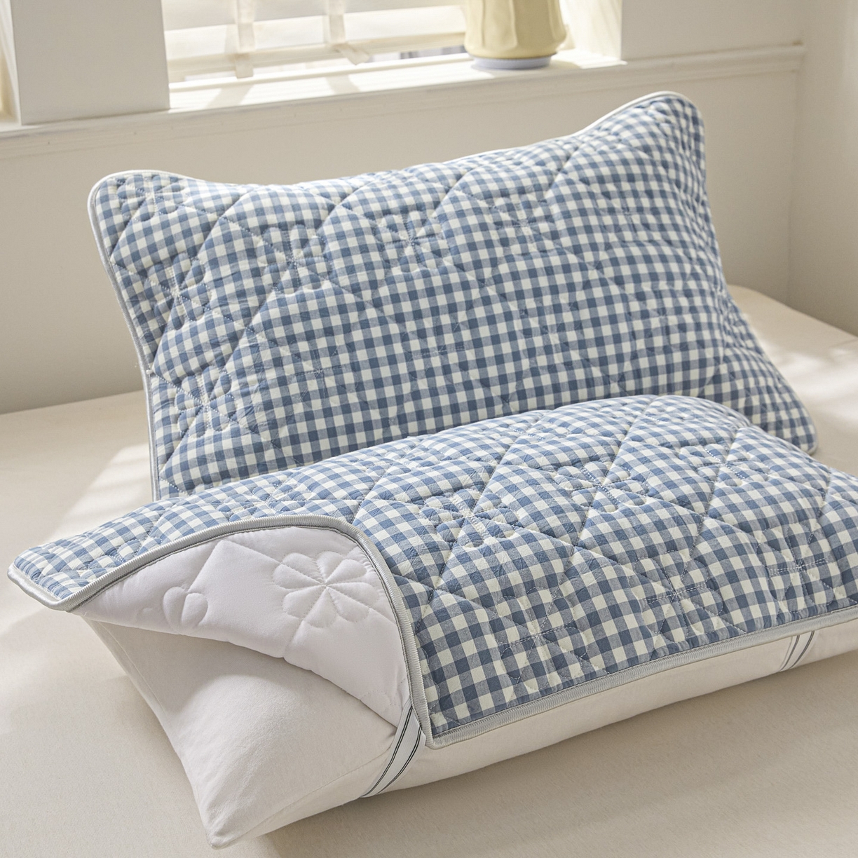 91家纺网 家纺一手货源 找家纺 芬晴家纺 2025新款A类全棉格子枕套枕巾系列 枕巾-小蓝格 50*80cm枕巾一只