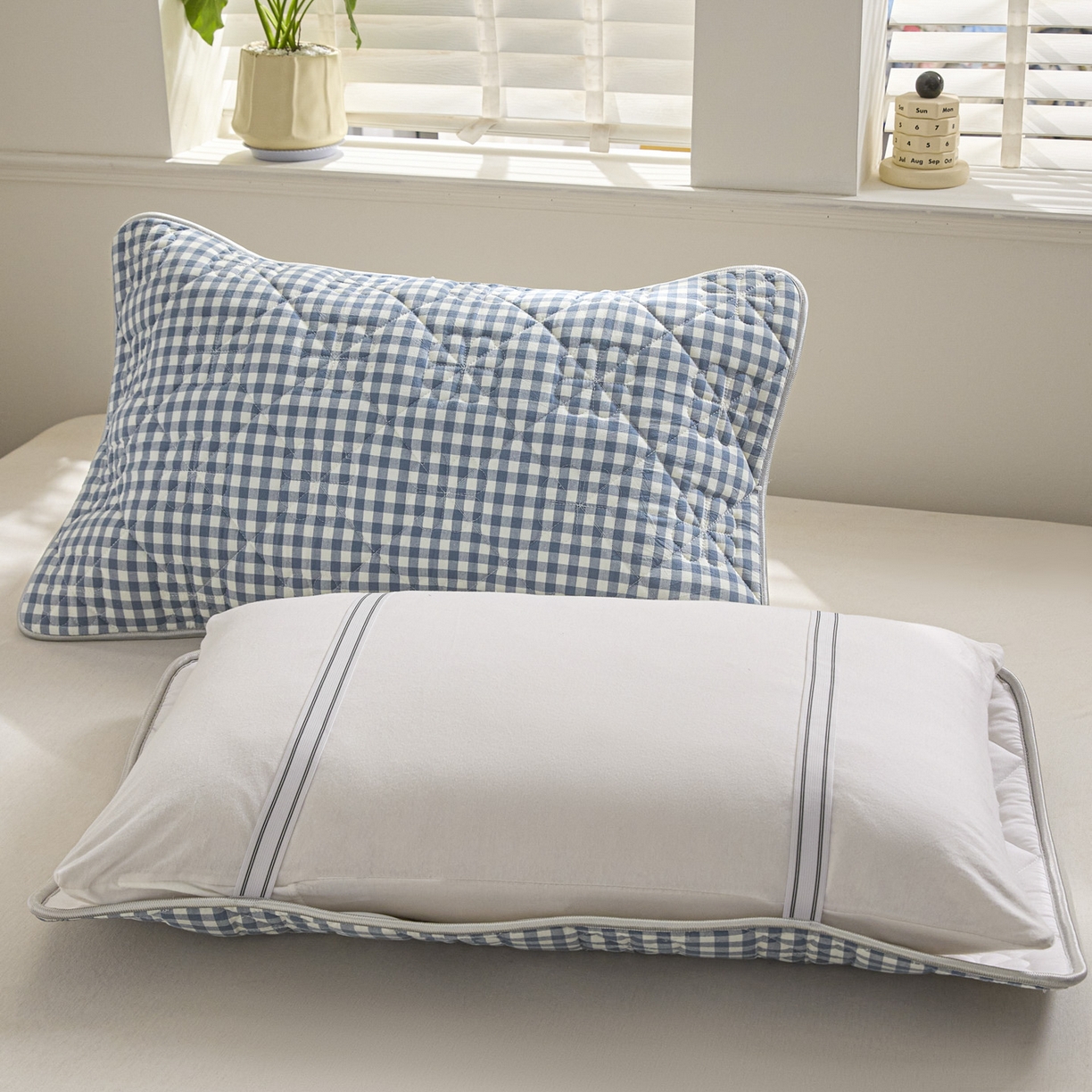 91家纺网 家纺一手货源 找家纺 芬晴家纺 2025新款A类全棉格子枕套枕巾系列 枕巾-小蓝格 50*80cm枕巾一对