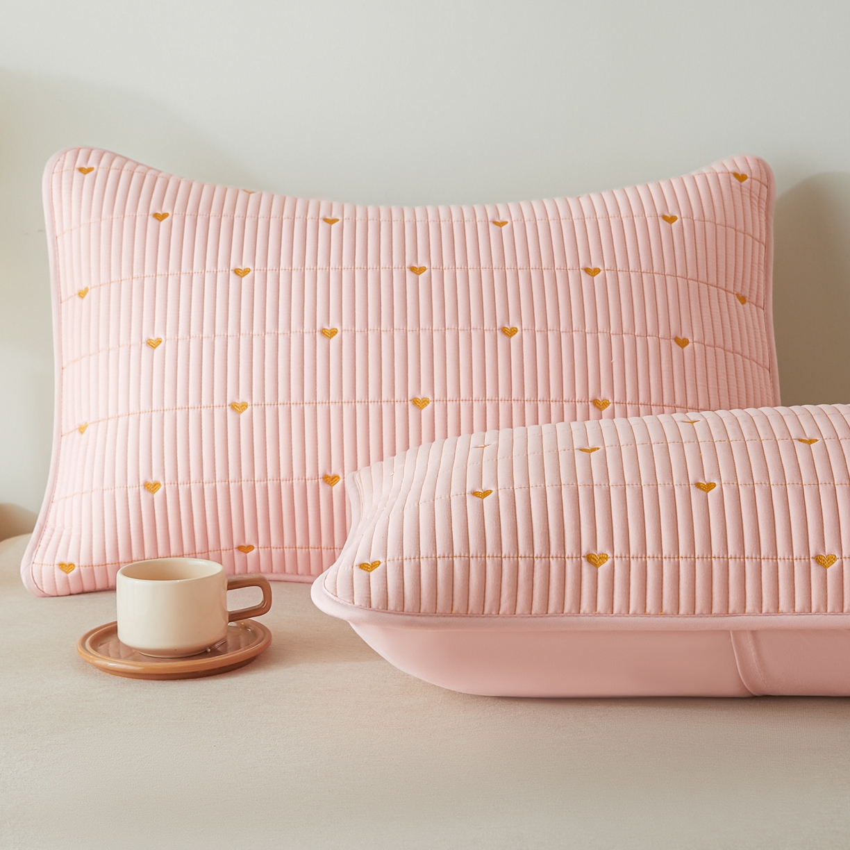 91家纺网 家纺一手货源 找家纺 芬晴家纺 2025新款防水枕套-繁星-爱心-简爱-空间 爱心-豆沙粉