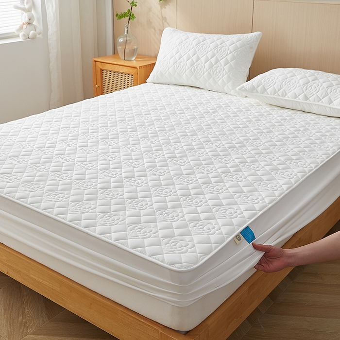 卓越家纺 2025新款山茶花款防水夹棉床笠 山茶花-奶白