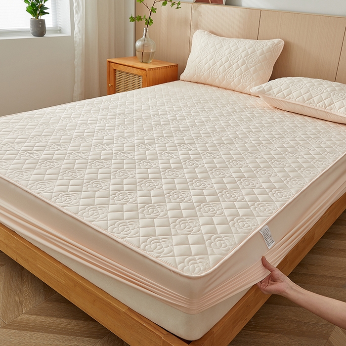 卓越家纺 2025新款山茶花款防水夹棉床笠 山茶花-米黄