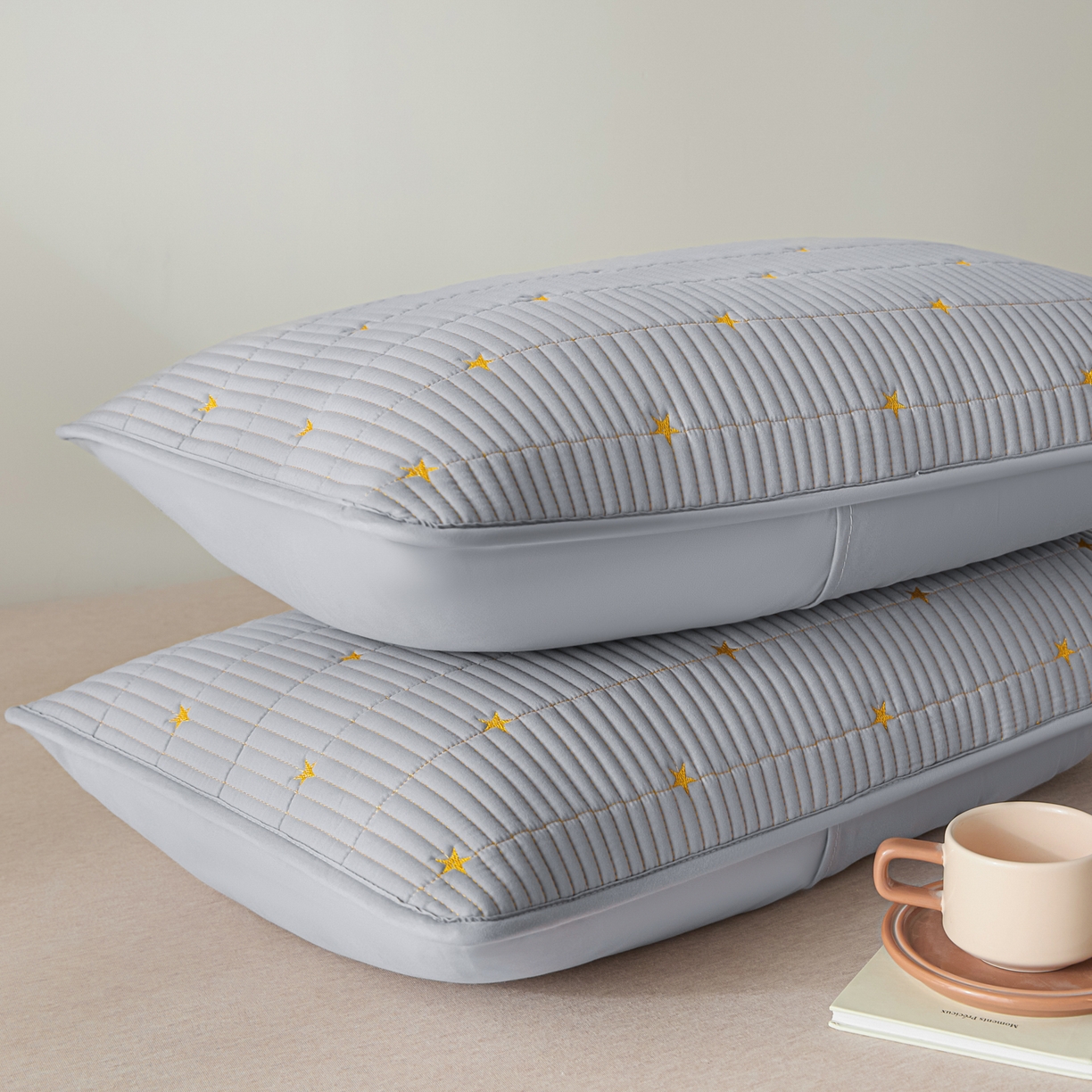 91家纺网 家纺一手货源 找家纺 芬晴家纺 2025新款防水枕套-繁星-爱心-简爱-空间 繁星-星灰