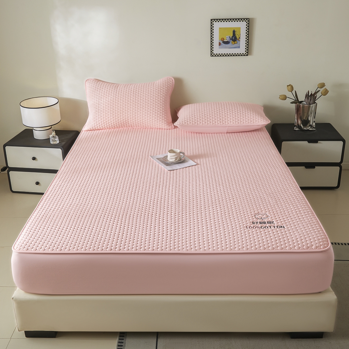 91家纺网 家纺一手货源 找家纺 芬晴家纺 2025新款A类好睡眠全棉夹棉系列床笠 好睡眠-嫩粉