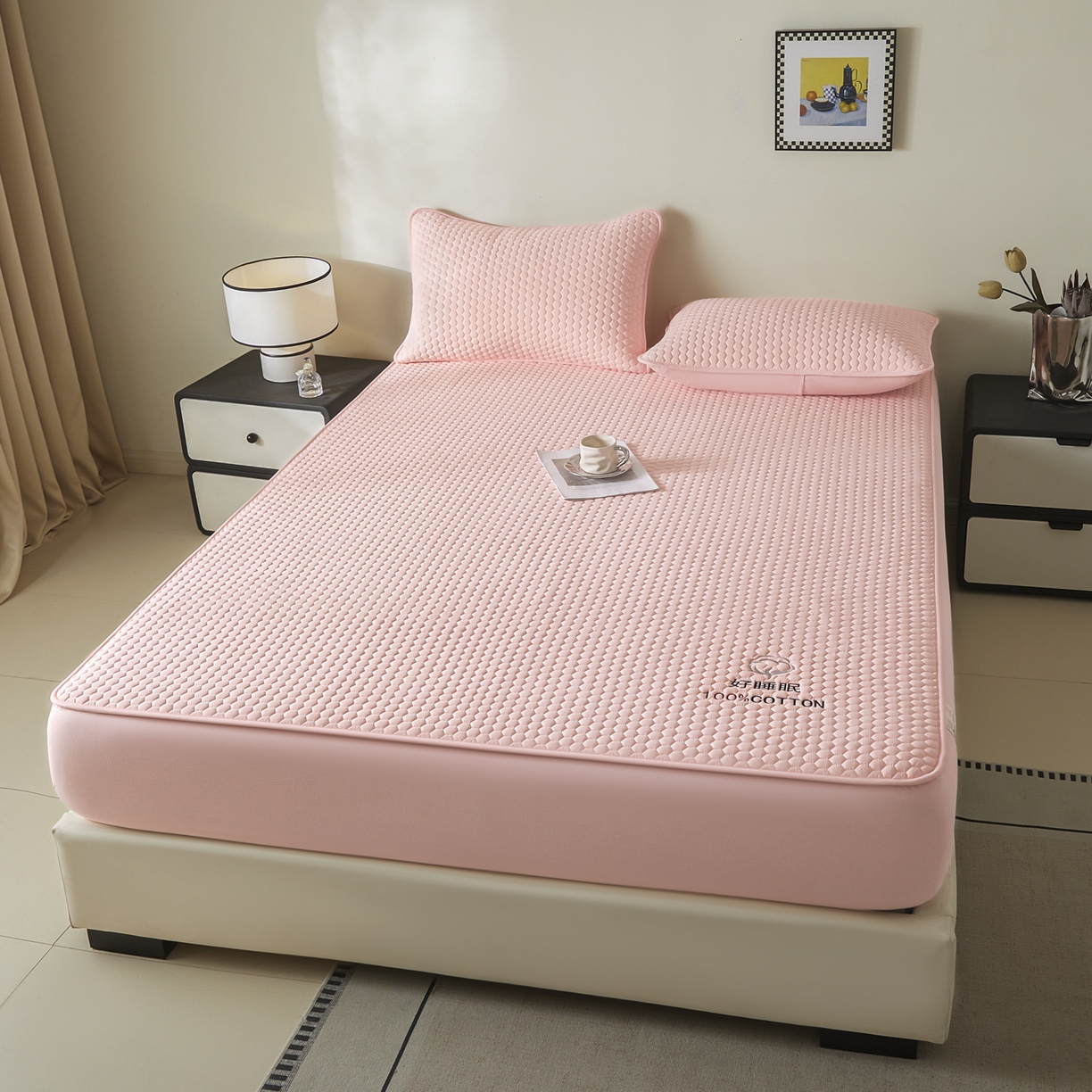 91家纺网 家纺一手货源 找家纺 芬晴家纺 2025新款A类好睡眠全棉夹棉系列床笠 好睡眠-嫩粉