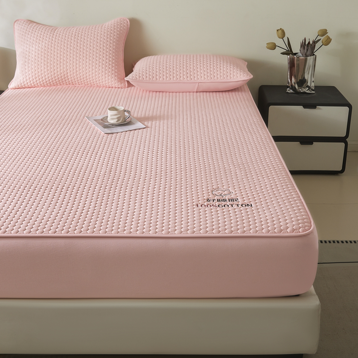 91家纺网 家纺一手货源 找家纺 芬晴家纺 2025新款A类好睡眠全棉夹棉系列床笠 好睡眠-嫩粉