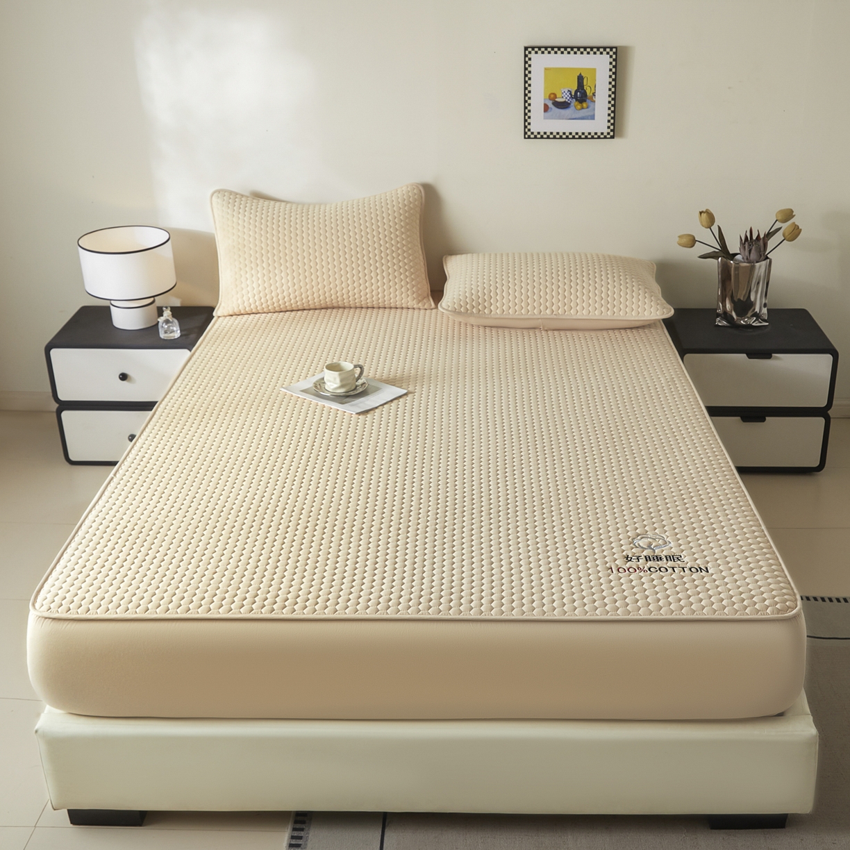 91家纺网 家纺一手货源 找家纺 芬晴家纺 2025新款A类好睡眠全棉夹棉系列床笠 好睡眠-浅卡