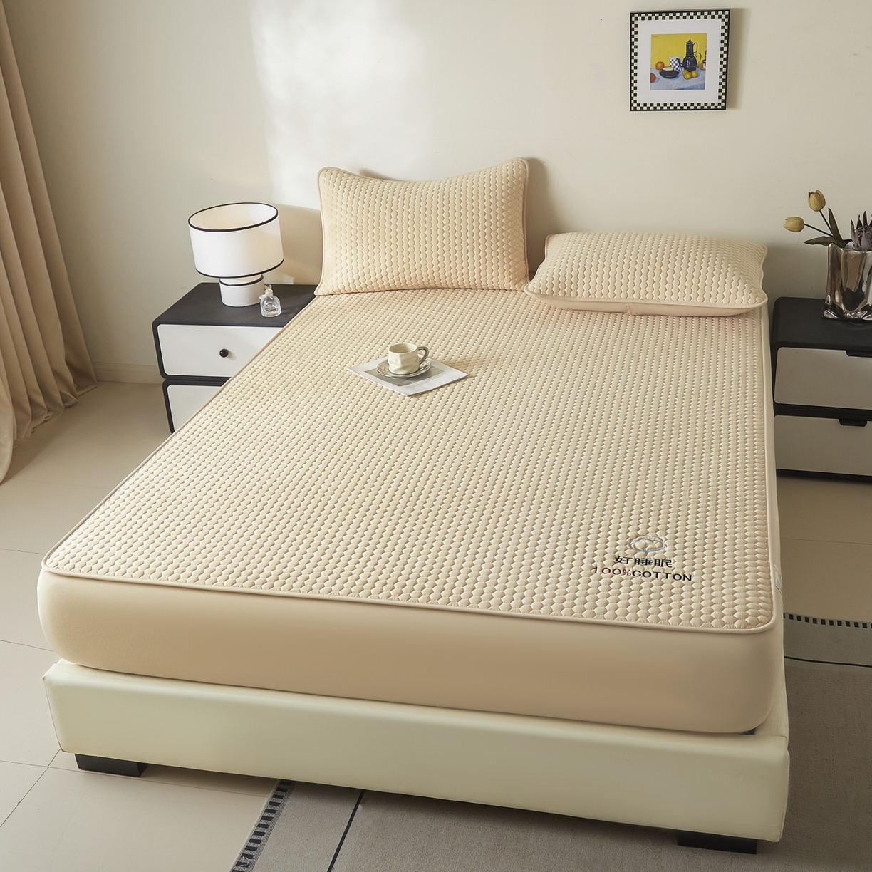 91家纺网 家纺一手货源 找家纺 芬晴家纺 2025新款A类好睡眠全棉夹棉系列床笠 好睡眠-浅卡