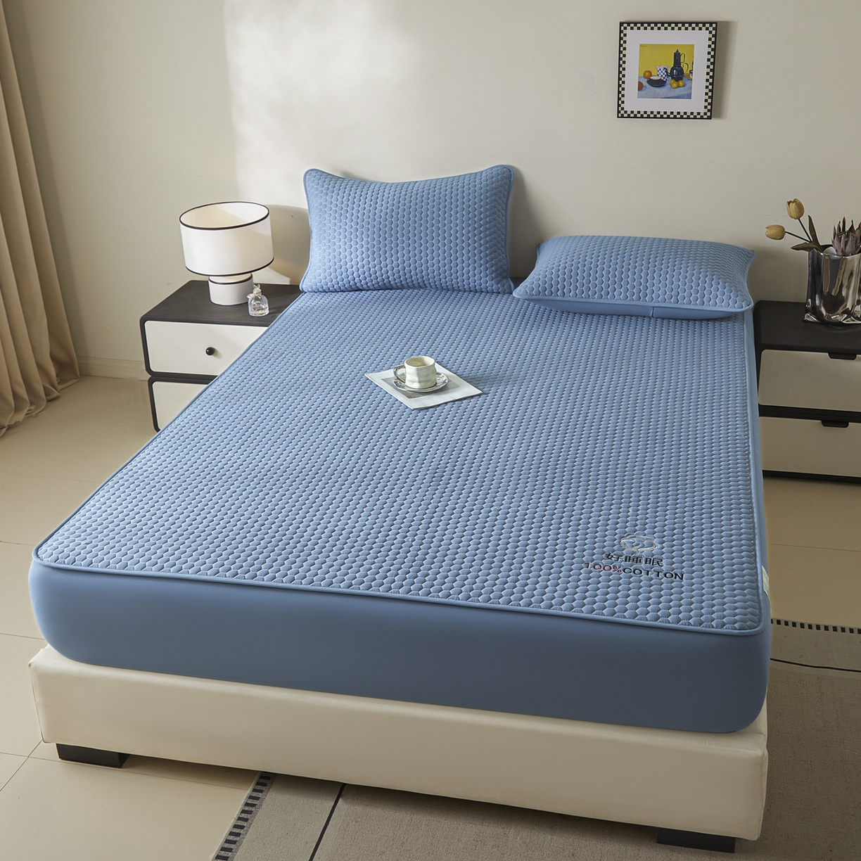 91家纺网 家纺一手货源 找家纺 芬晴家纺 2025新款A类好睡眠全棉夹棉系列床笠 好睡眠-雾蓝