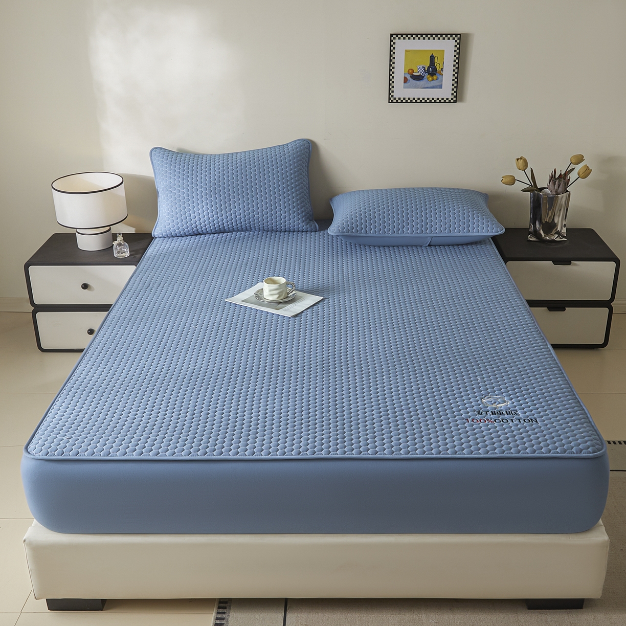 91家纺网 家纺一手货源 找家纺 芬晴家纺 2025新款A类好睡眠全棉夹棉系列床笠 好睡眠-雾蓝