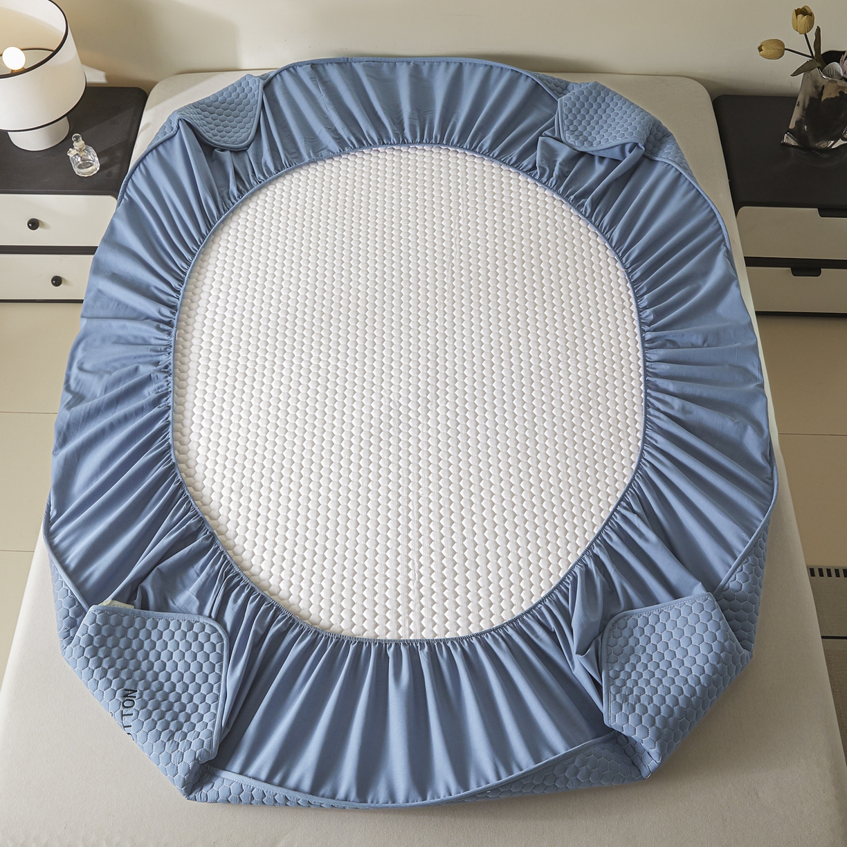 91家纺网 家纺一手货源 找家纺 芬晴家纺 2025新款A类好睡眠全棉夹棉系列床笠 好睡眠-雾蓝