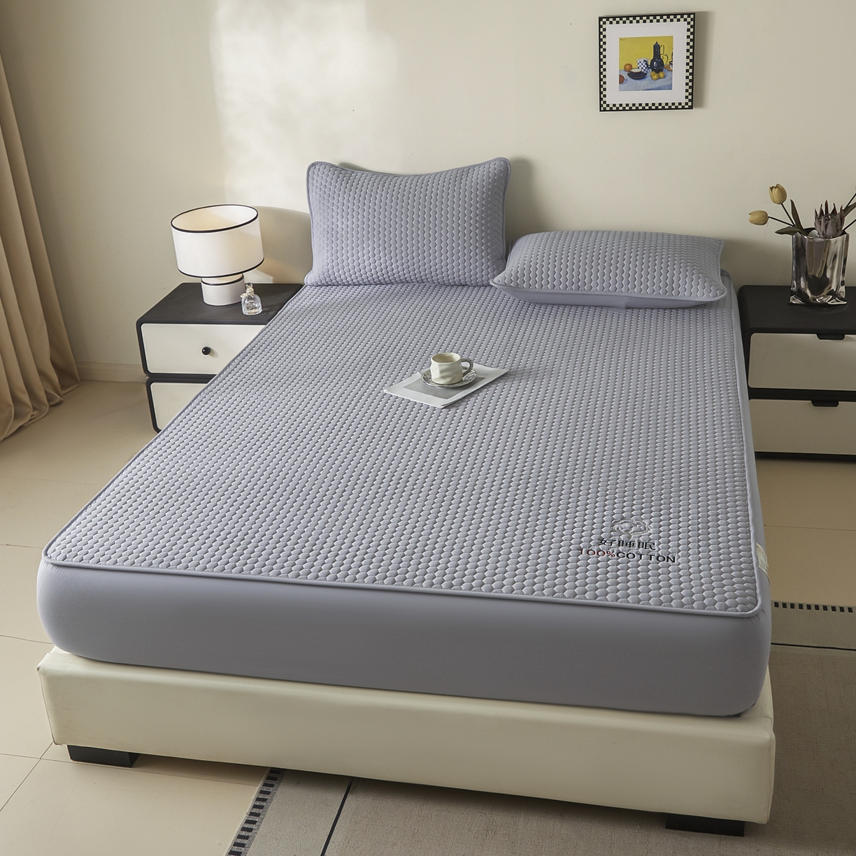 91家纺网 家纺一手货源 找家纺 芬晴家纺 2025新款A类好睡眠全棉夹棉系列床笠 好睡眠-星灰