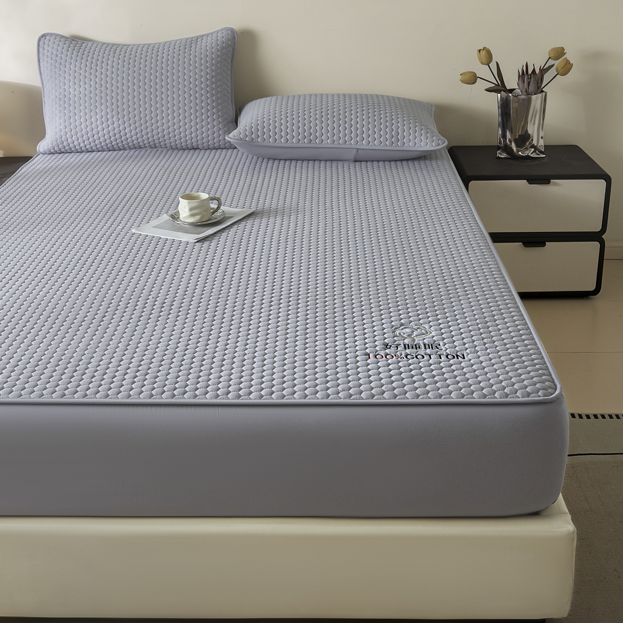 91家纺网 家纺一手货源 找家纺 芬晴家纺 2025新款A类好睡眠全棉夹棉系列床笠 好睡眠-星灰