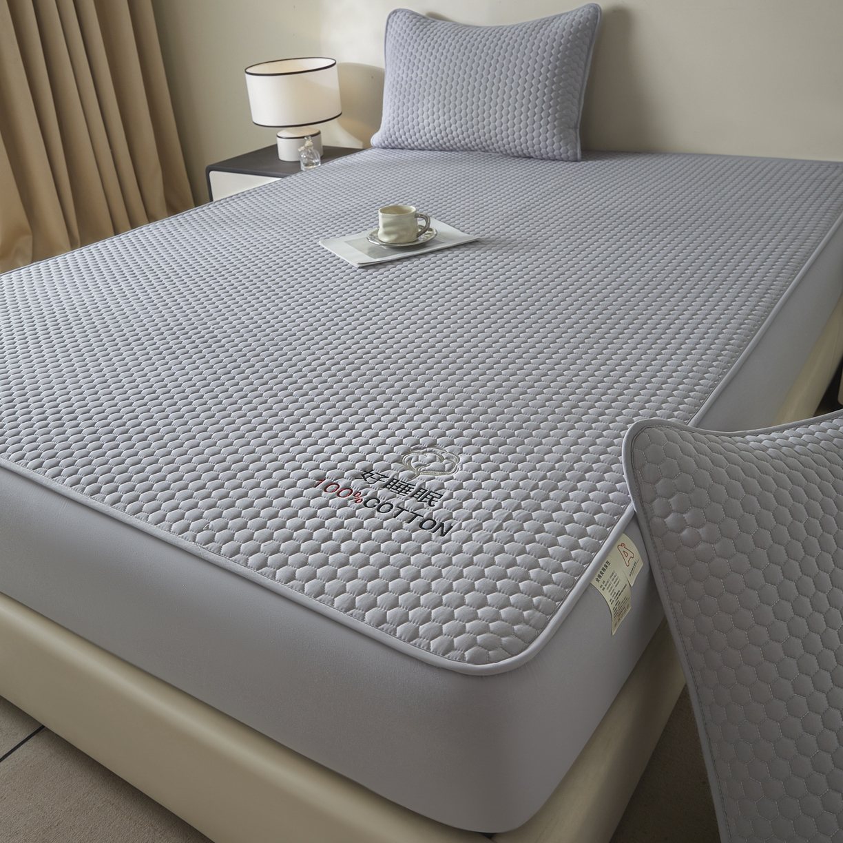 91家纺网 家纺一手货源 找家纺 芬晴家纺 2025新款A类好睡眠全棉夹棉系列床笠 好睡眠-星灰