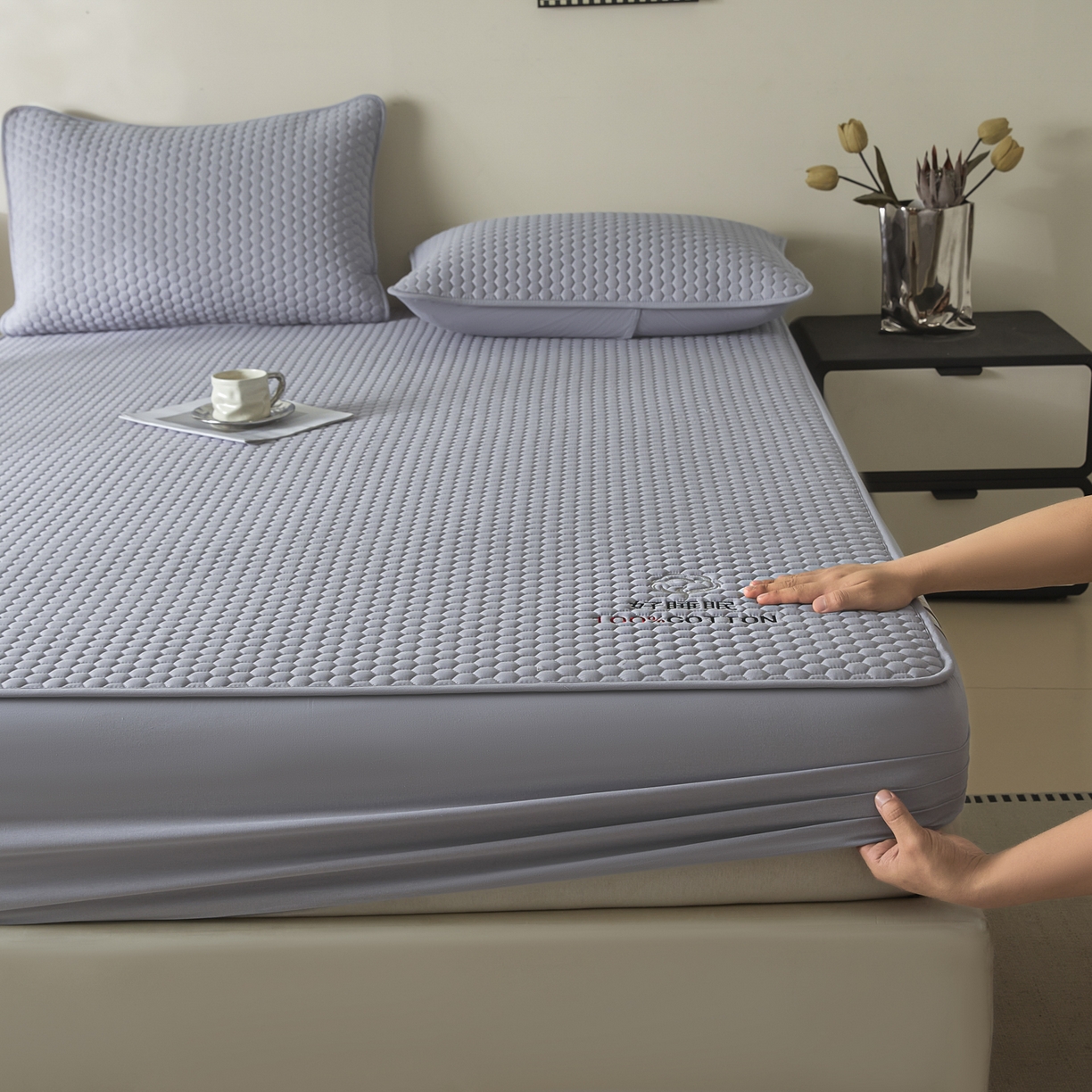 91家纺网 家纺一手货源 找家纺 芬晴家纺 2025新款A类好睡眠全棉夹棉系列床笠 好睡眠-星灰