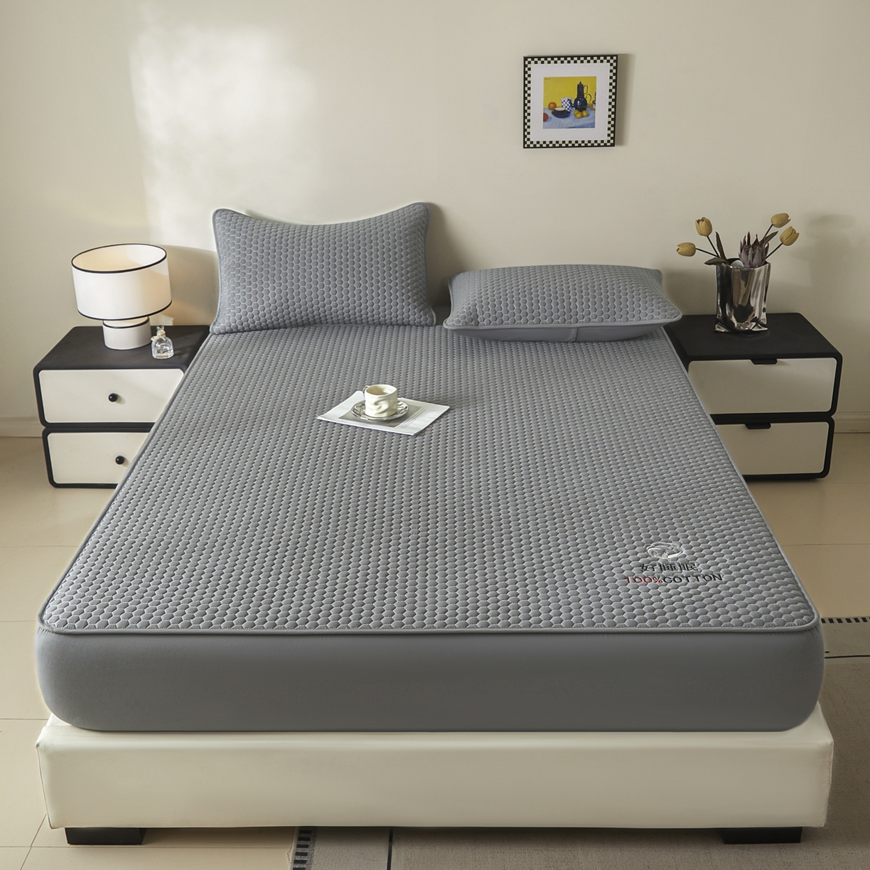 91家纺网 家纺一手货源 找家纺 芬晴家纺 2025新款A类好睡眠全棉夹棉系列床笠 好睡眠-岩灰