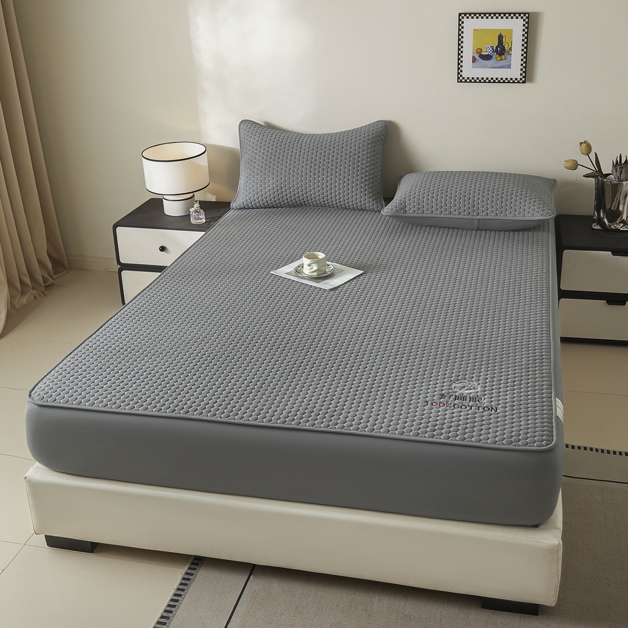 91家纺网 家纺一手货源 找家纺 芬晴家纺 2025新款A类好睡眠全棉夹棉系列床笠 好睡眠-岩灰