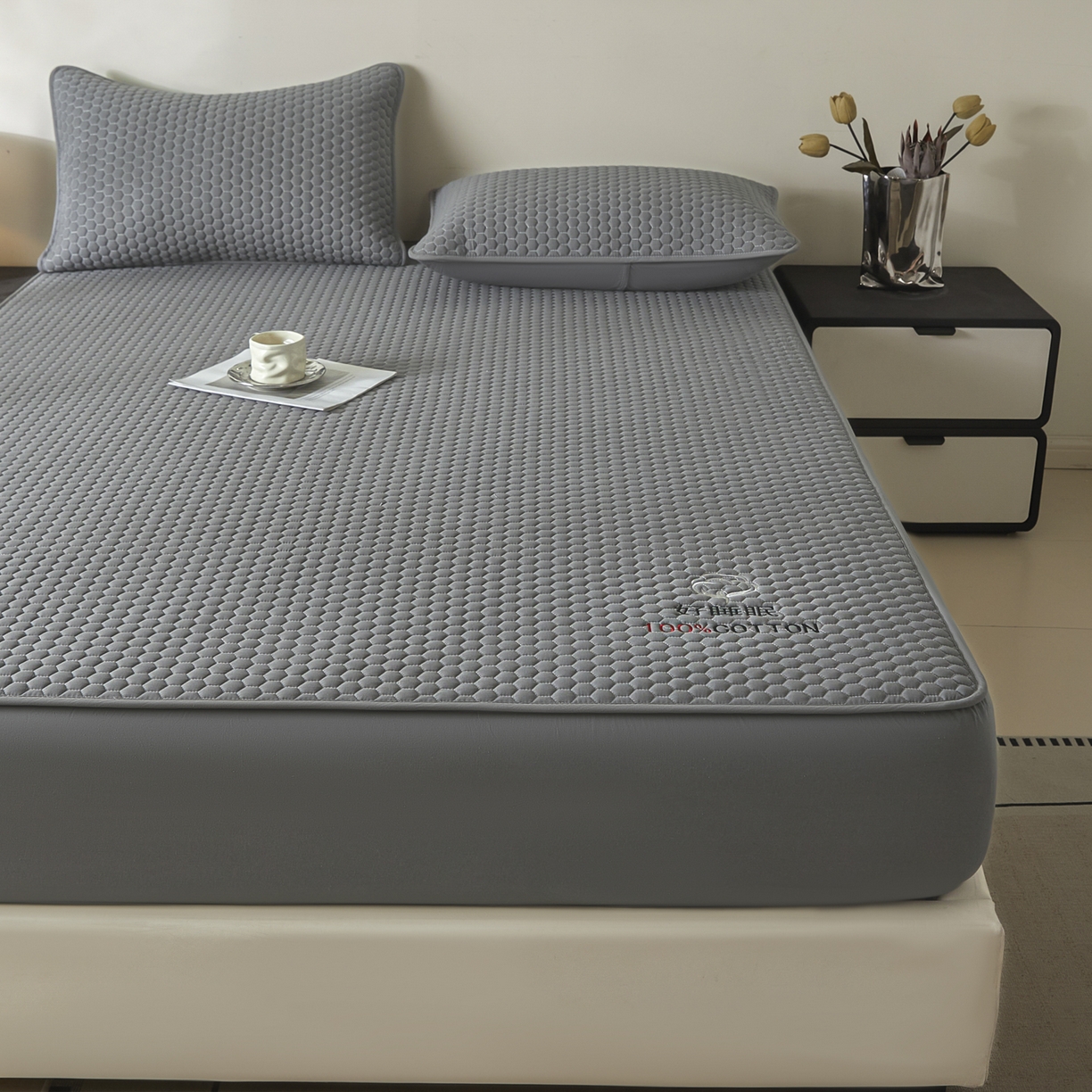 91家纺网 家纺一手货源 找家纺 芬晴家纺 2025新款A类好睡眠全棉夹棉系列床笠 好睡眠-岩灰