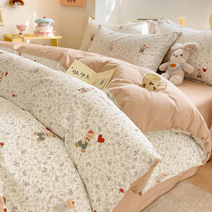 帛美家纺 2025新款纯棉全棉印花四件套 熊抱繁花