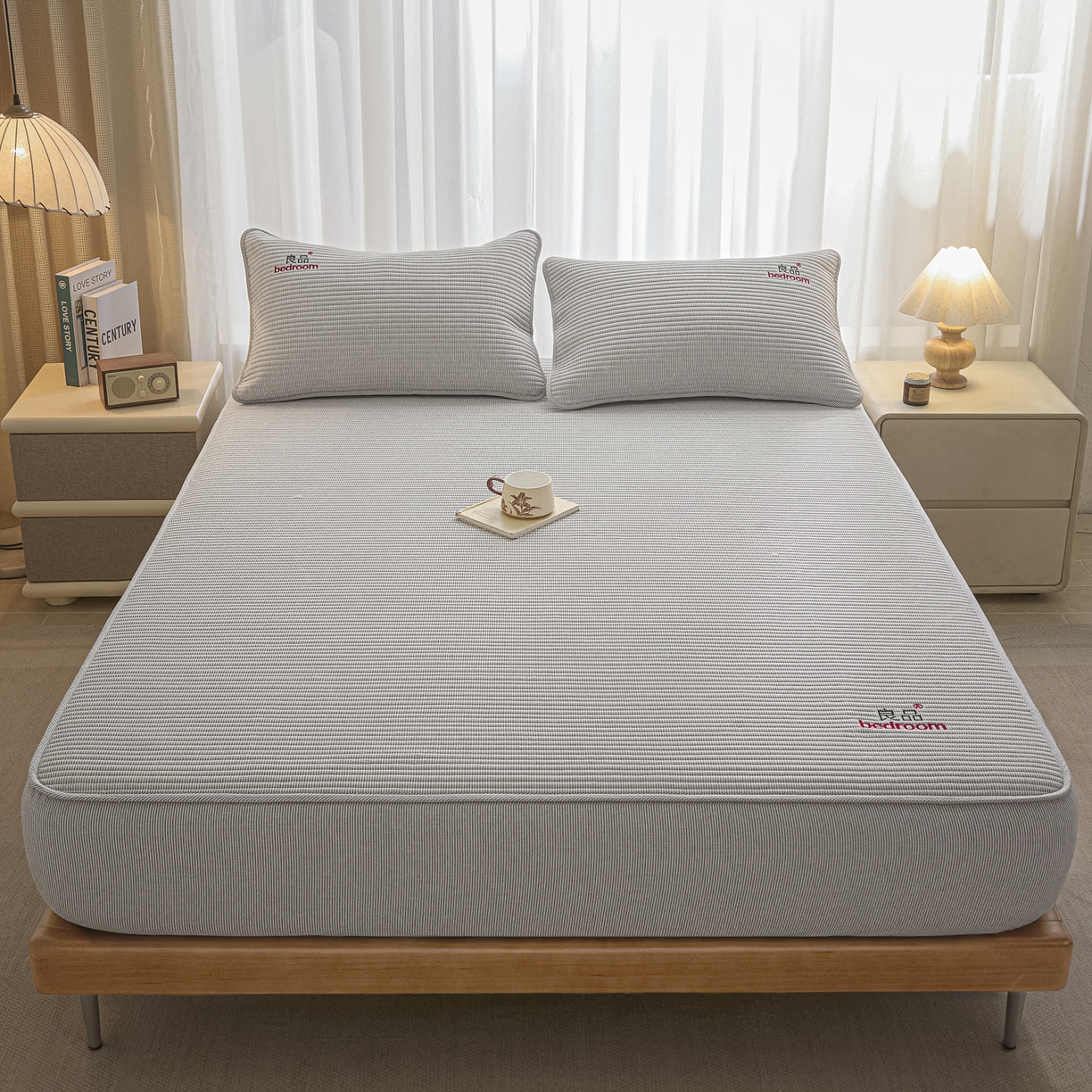 91家纺网 家纺一手货源 找家纺 芬晴家纺 2025新款全棉密条夹棉床笠良品系列 密条-灰