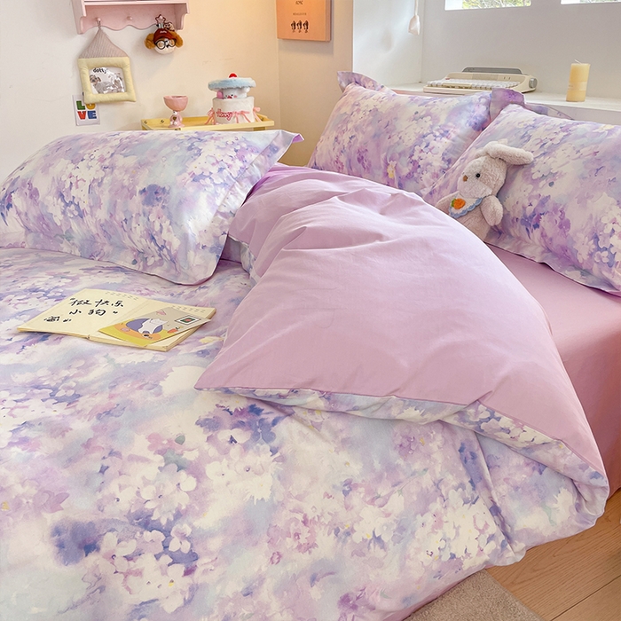 91家纺网 家纺一手货源 找家纺 帛美家纺 2025新款纯棉全棉印花四件套 花影朦胧