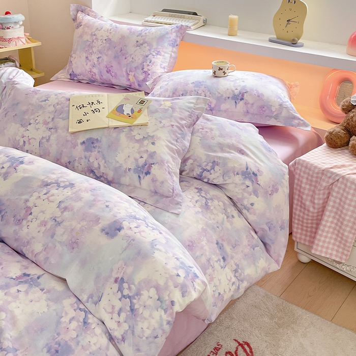 91家纺网 家纺一手货源 找家纺 帛美家纺 2025新款纯棉全棉印花四件套 花影朦胧