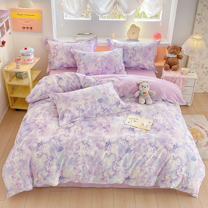 91家纺网 家纺一手货源 找家纺 帛美家纺 2025新款纯棉全棉印花四件套 花影朦胧