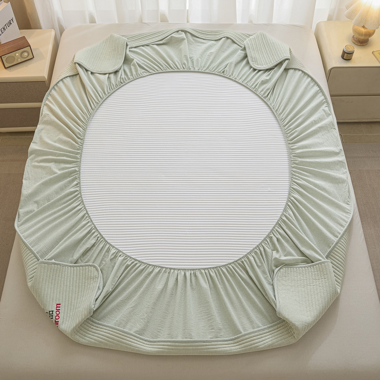 91家纺网 家纺一手货源 找家纺 芬晴家纺 2025新款全棉密条夹棉床笠良品系列 密条-果绿