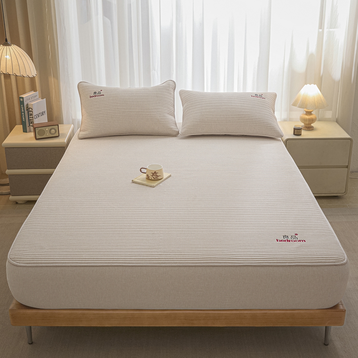 91家纺网 家纺一手货源 找家纺 芬晴家纺 2025新款全棉密条夹棉床笠良品系列 密条-咖