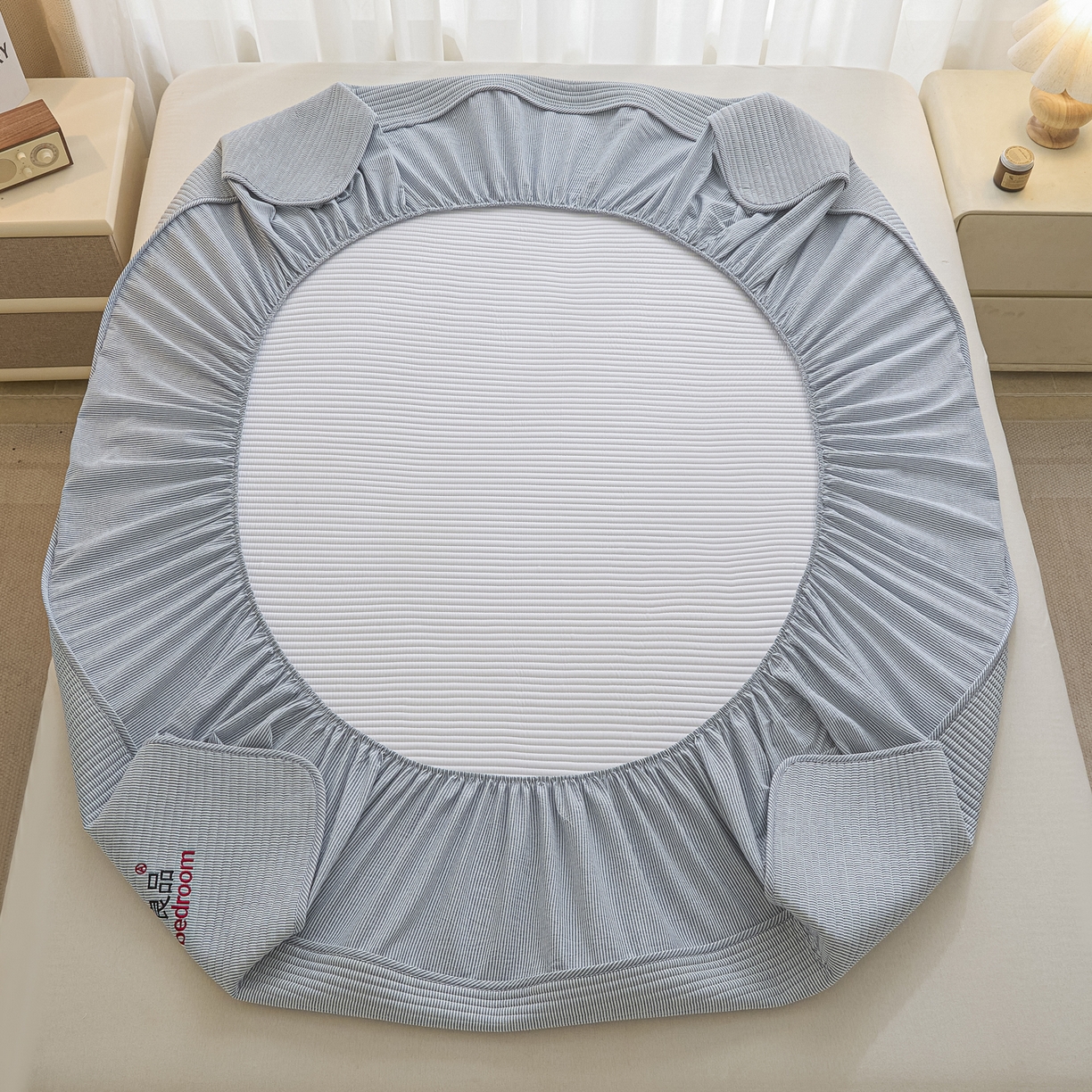 91家纺网 家纺一手货源 找家纺 芬晴家纺 2025新款全棉密条夹棉床笠良品系列 密条-牛仔蓝